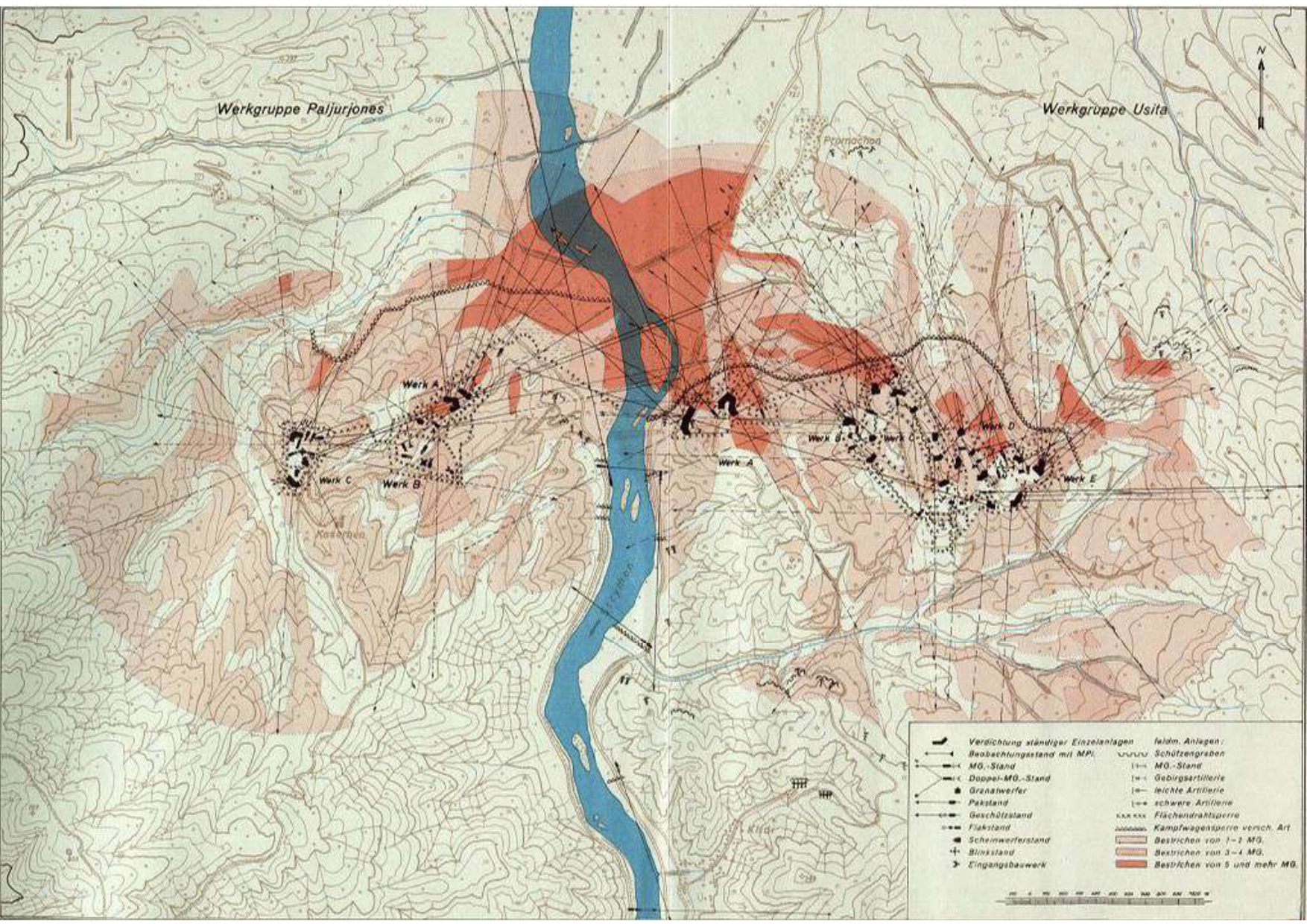 Γερμανικός χάρτης που αποτυπώνει την ακτίνα βολών των όπλων των Οχυρών Παλιουριώνες και Ουσίτα της Γραμμής Μεταξά
