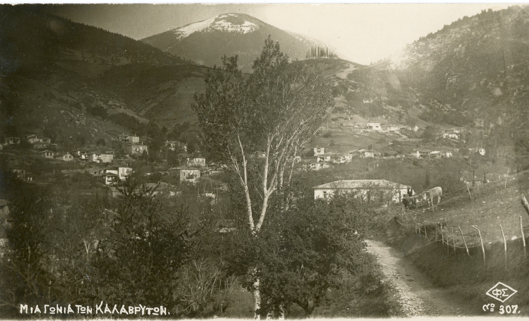 Επιστολικό δελτάριο που εικονίζει μερική άποψη του νότιου τμήματος της πόλης των Καλαβρύτων, προπολεμικά