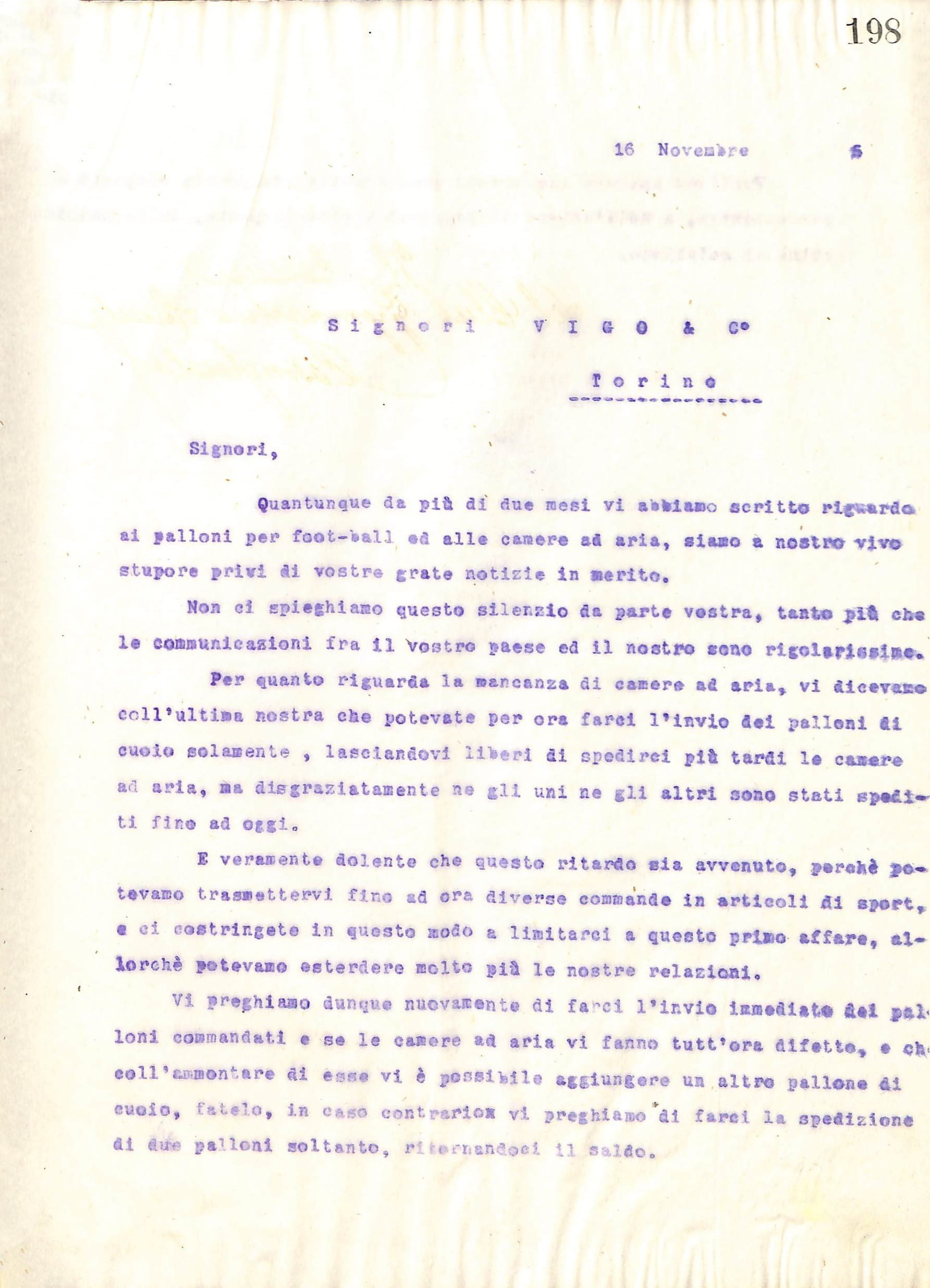 Επιστολή του Διοικητικού Συμβουλίου του Γυμναστικού Συλλόγου του Ηρακλή Θεσσαλονίκης, στις 16 Νοεμβρίου του 1915, προς τον G. Vigo & Σία στο Τορίνο