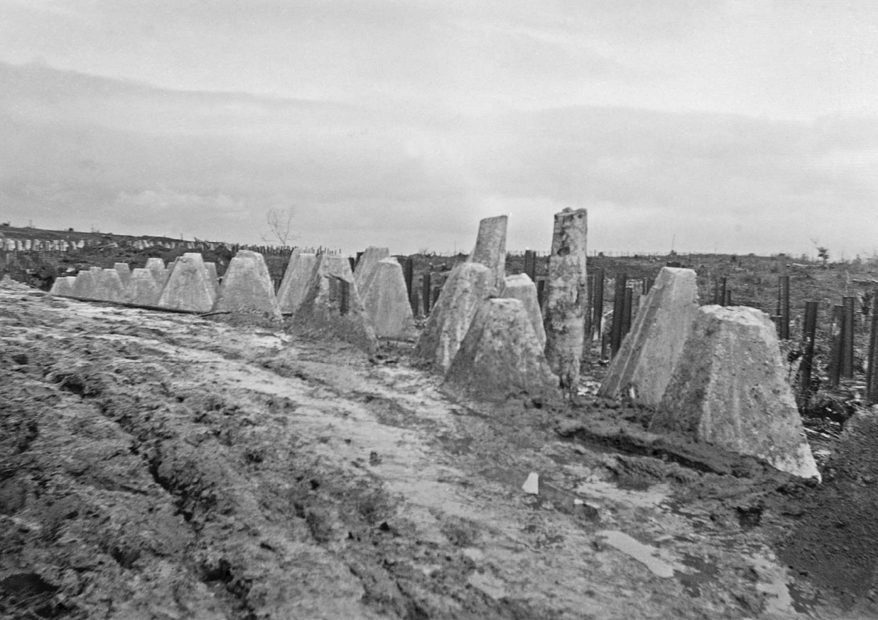 Περιοχή Σερρών, Απρίλιος 1941. Σειρά αντιαρματικών εμποδίων («δόντια του δράκου») τα οποία κατάφεραν να κρατήσουν τα γερμανικά τεθωρακισμένα μακριά από το Οχυρό του Ρούπελ