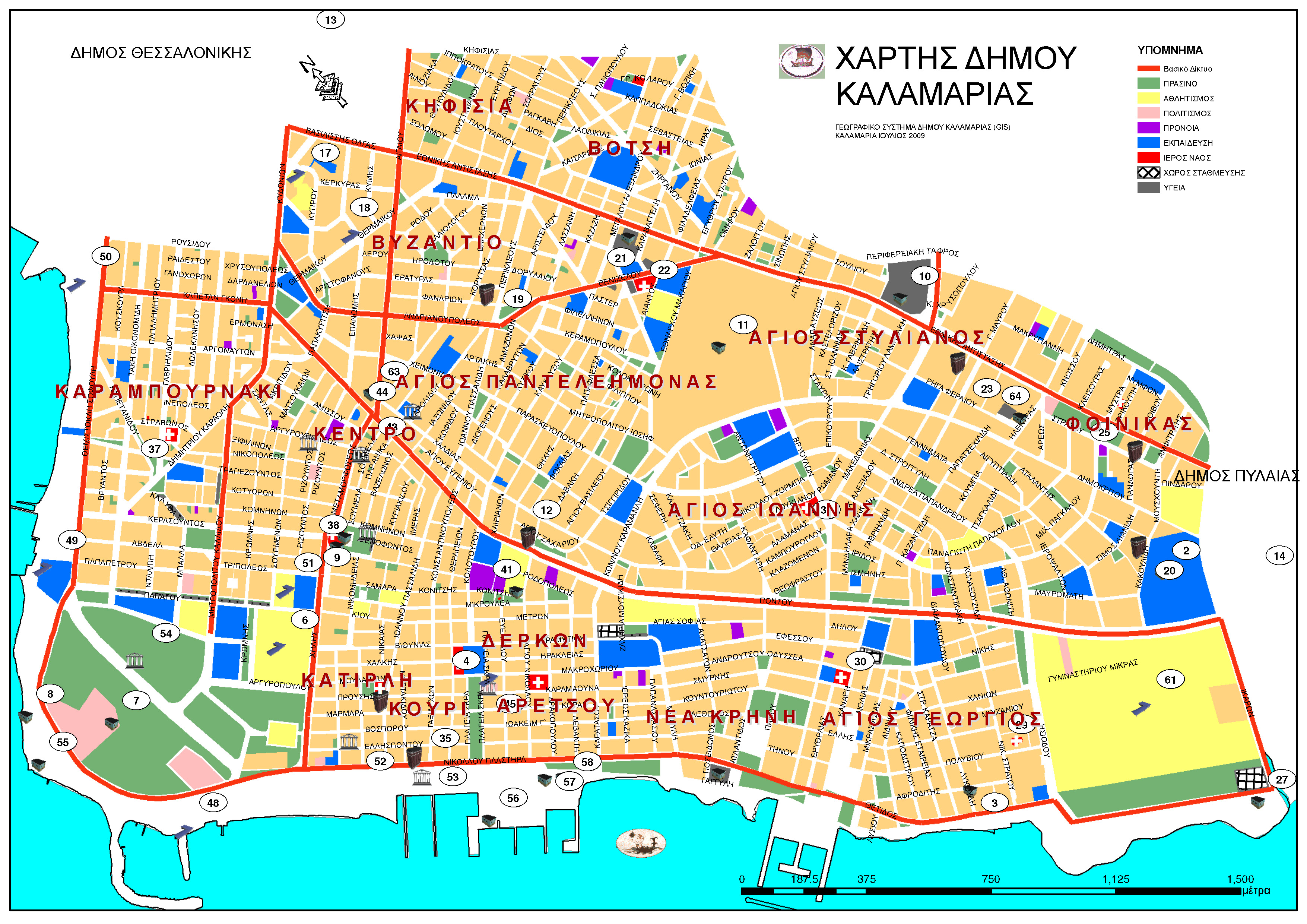 Χάρτης της Καλαμαριάς με τις συνοικίες και το κύριο οδικό της δίκτυο