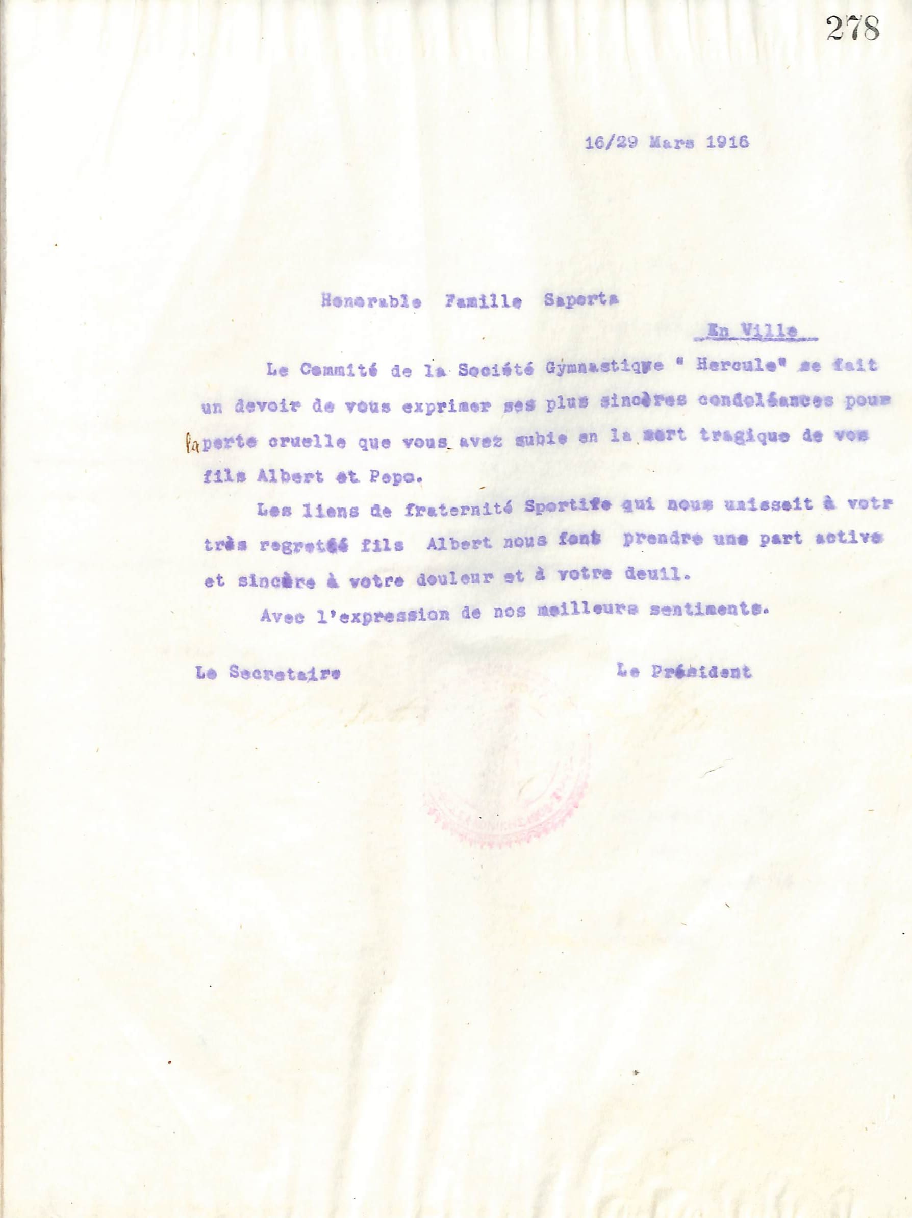 Συλλυπητήρια επιστολή του Διοικητικού Συμβουλίου του Γυμναστικού Συλλόγου του Ηρακλή Θεσσαλονίκης, στις 16 Μαρτίου 1916, προς την Οικογένεια Saporta