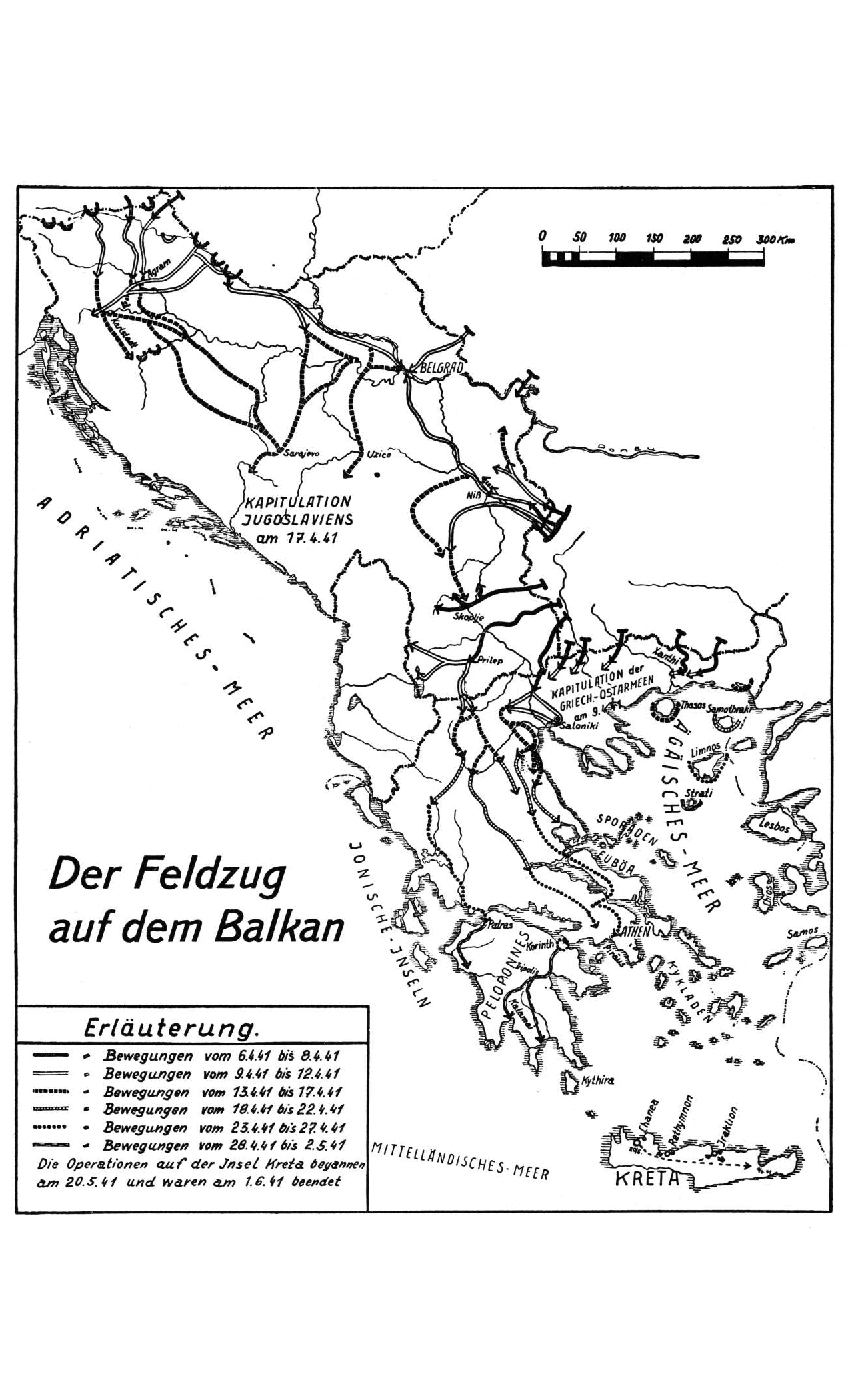 Χάρτης με τις επιχειρήσεις του γερμανικού στρατού στα Βαλκάνια και τη νήσο της Κρήτης το 1941
