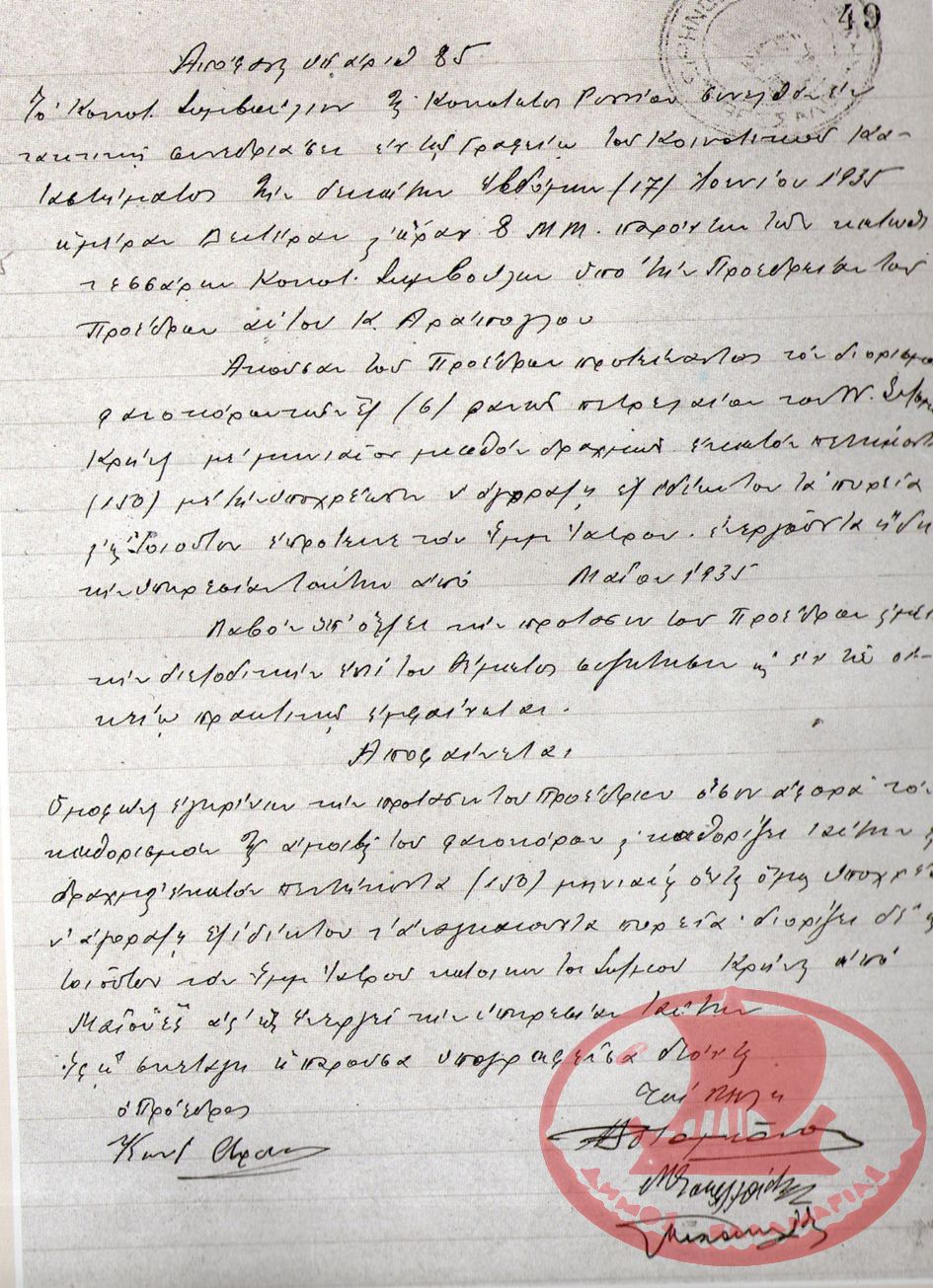 Απόφαση του Κοινοτικού Συμβουλίου του Νέου Ρυσίου (Αρετσού) που αφορά την πληρωμή των φαρμάκων για τους απόρους της κοινότητας 30 Απριλίου 1935. Πολλές αποφάσεις της Κοινότητας αφορούσαν την ενίσχυση των απόρων.