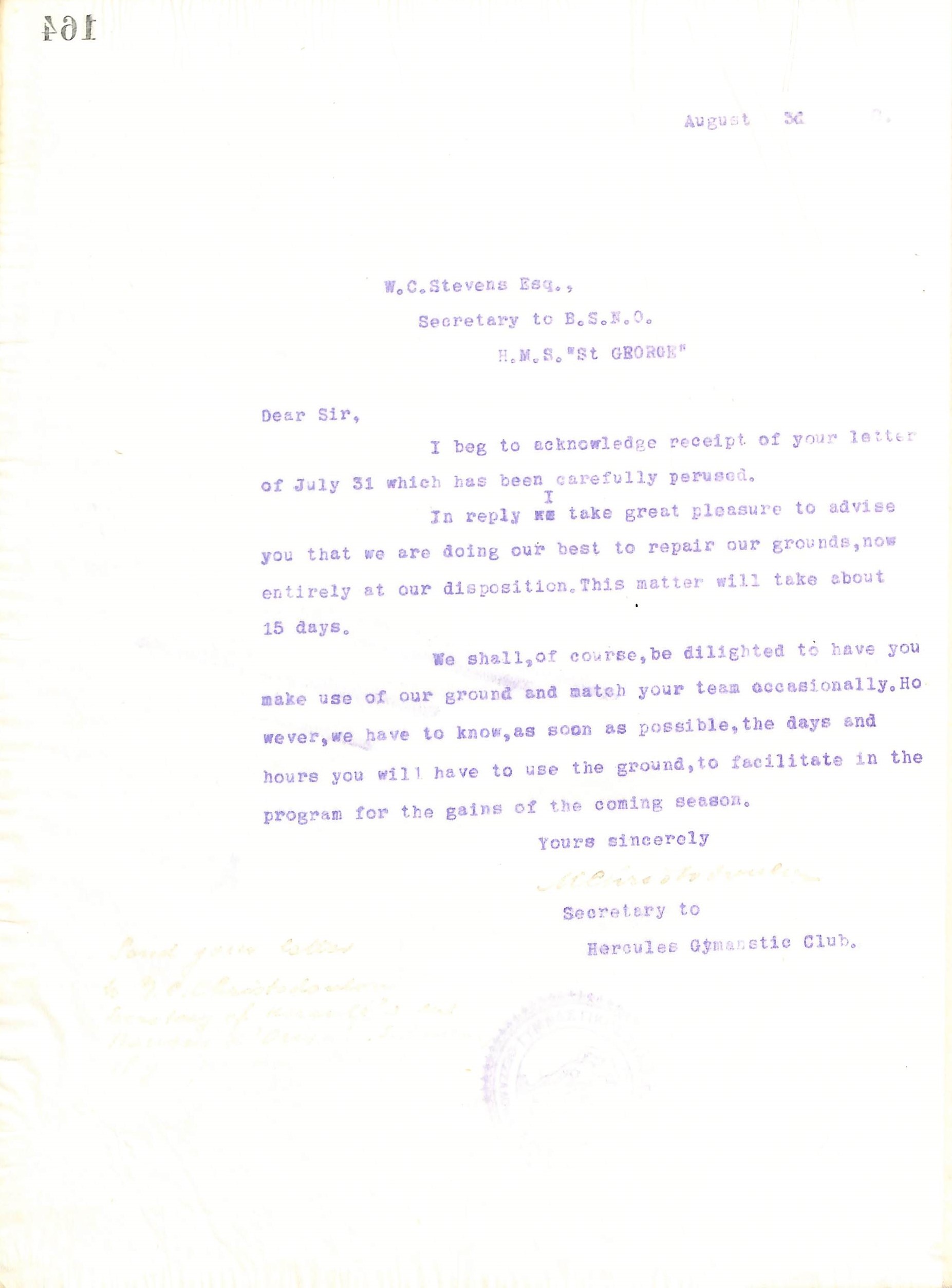 Επιστολή του Διοικητικού Συμβουλίου του Γυμναστικού Συλλόγου του Ηρακλή Θεσσαλονίκης, στις 3 Αυγούστου 1918, προς τον W. C. Stevens, Γραμματέα του Ανώτερου Ναυτικού Αξιωματικού του Βρετανικού Πολεμικού Πλοίου ''H.M.S. St. George''
