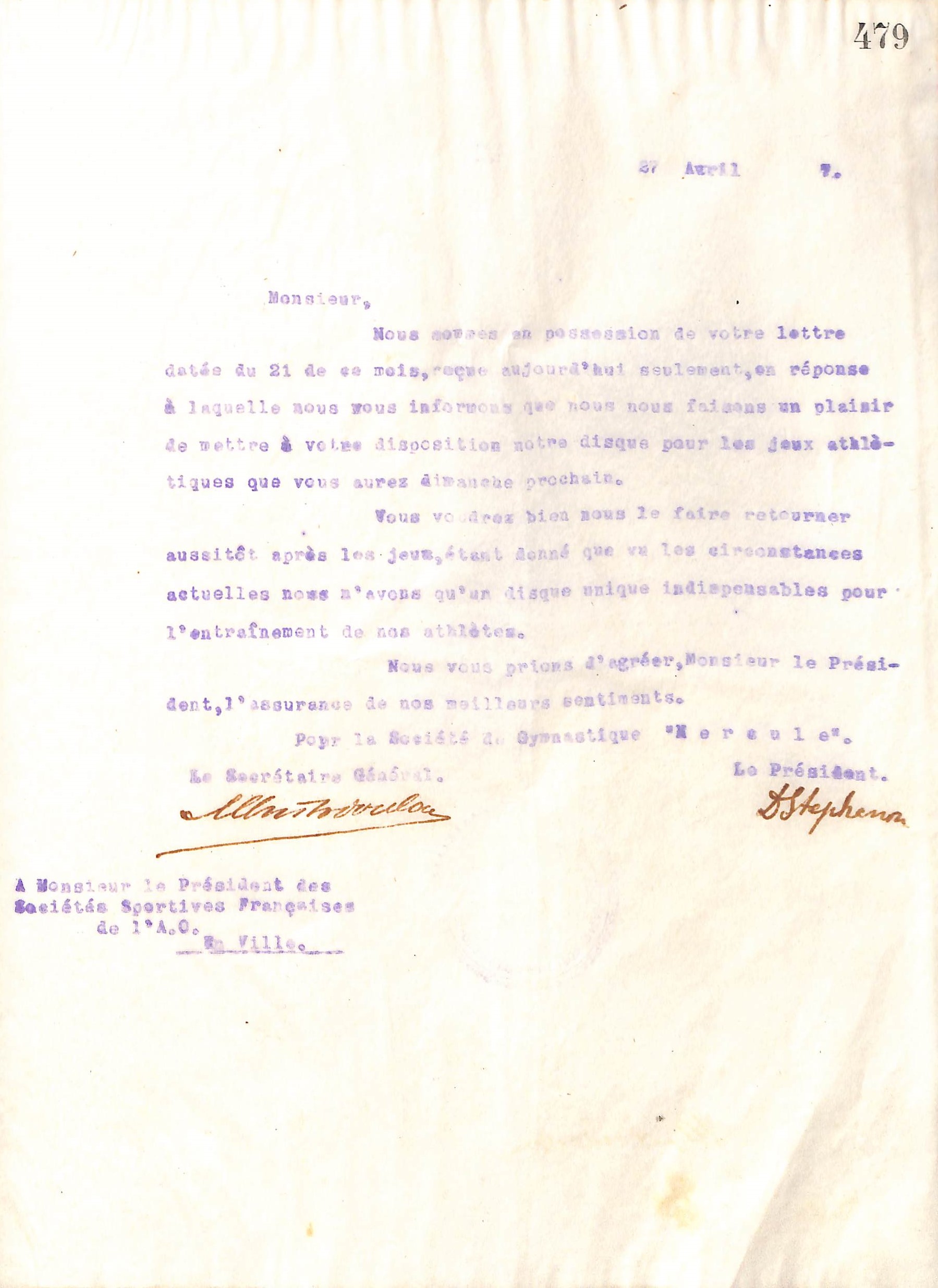Επιστολή του Διοικητικού Συμβουλίου του Γυμναστικού Συλλόγου του Ηρακλή Θεσσαλονίκης, στις 27 Απριλίου 1917, προς τον Πρόεδρο της Αθλητικής Κοινότητας της Γαλλικής Στρατιάς της Ανατολής